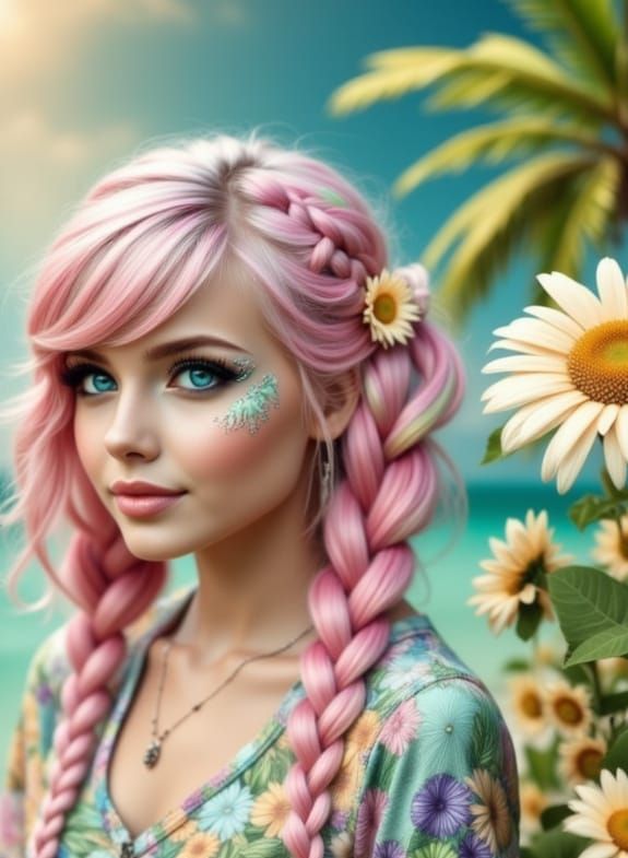 Girl with Sunflowers in Hair on Beach in Divine Sunshine