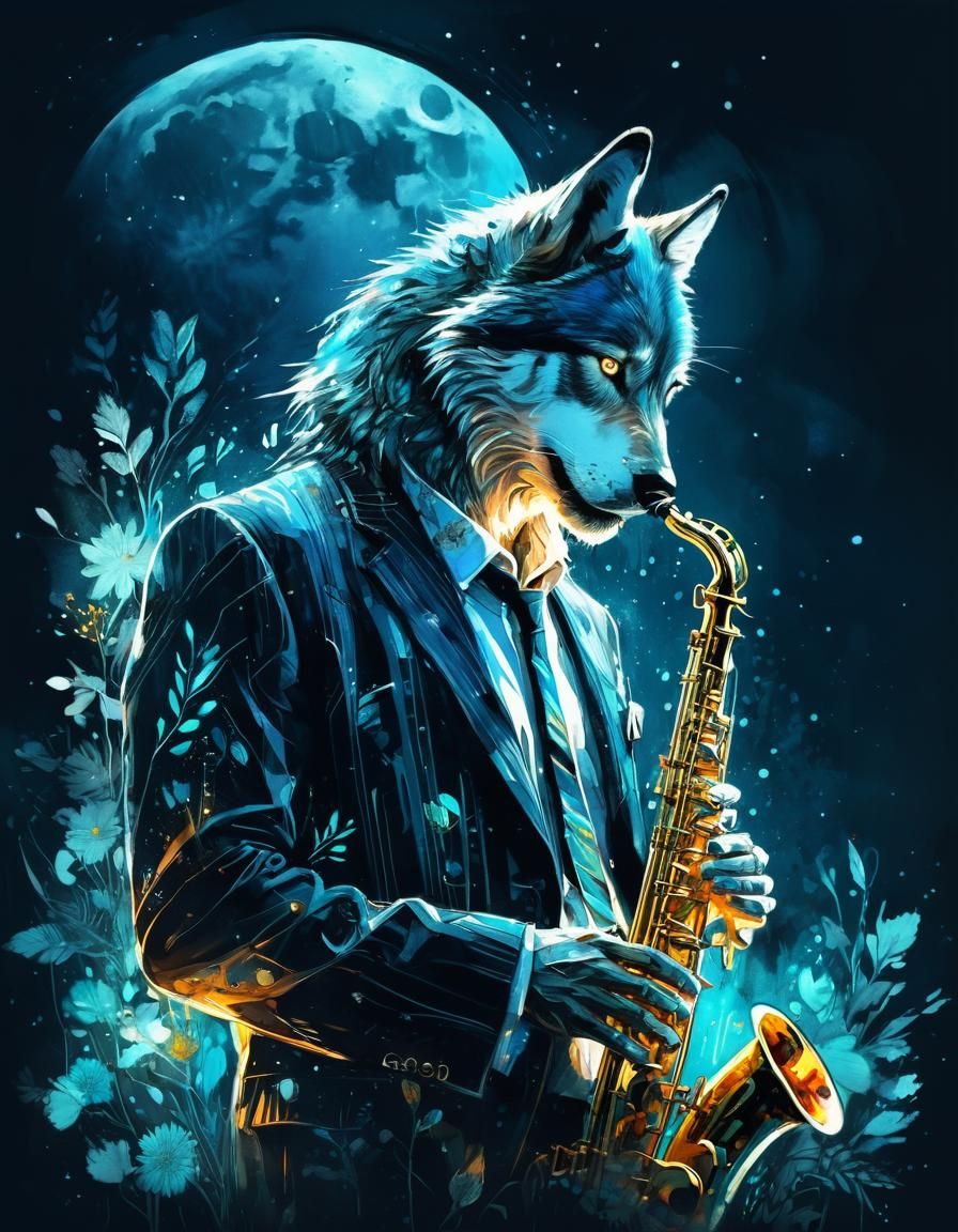 Bioluminescent Jazz Wolf Watercolor Illustration