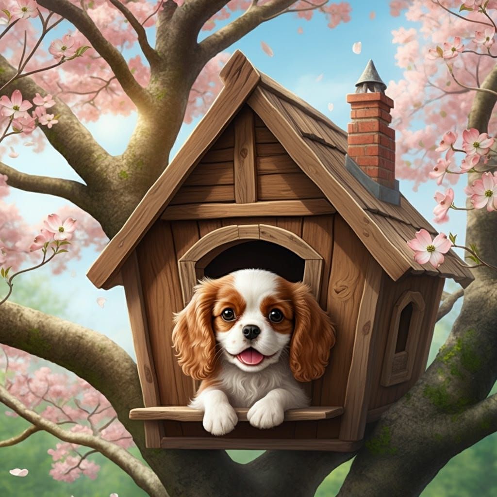 Doghouse in dogwood tree