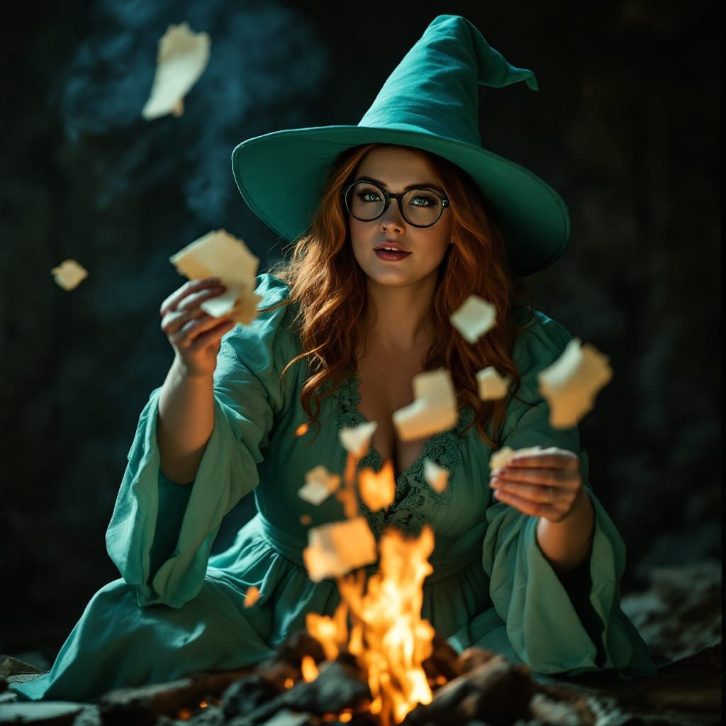 Plus-Sized Witch with Glasses Throws Parchment into Fire