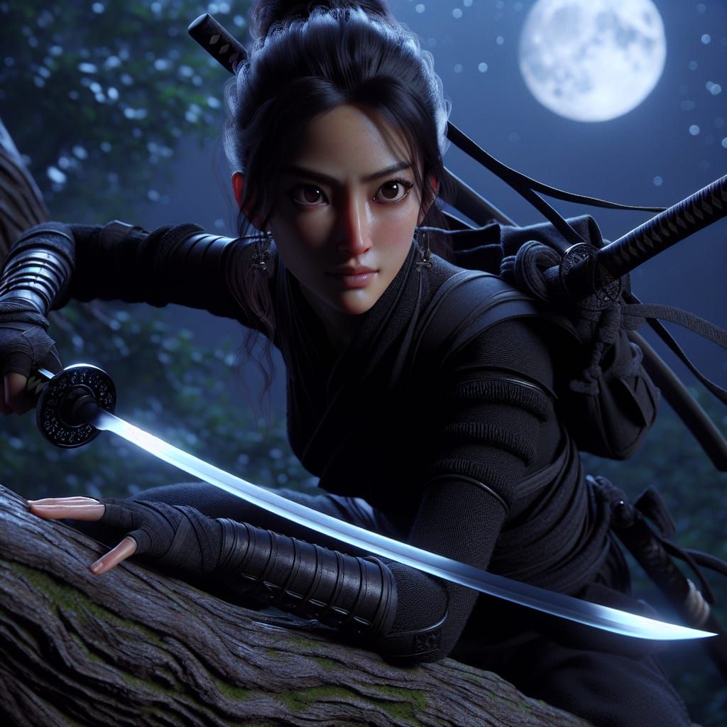 Jihn-tai -- Hyper-realistic beautiful female ninja in a crou...