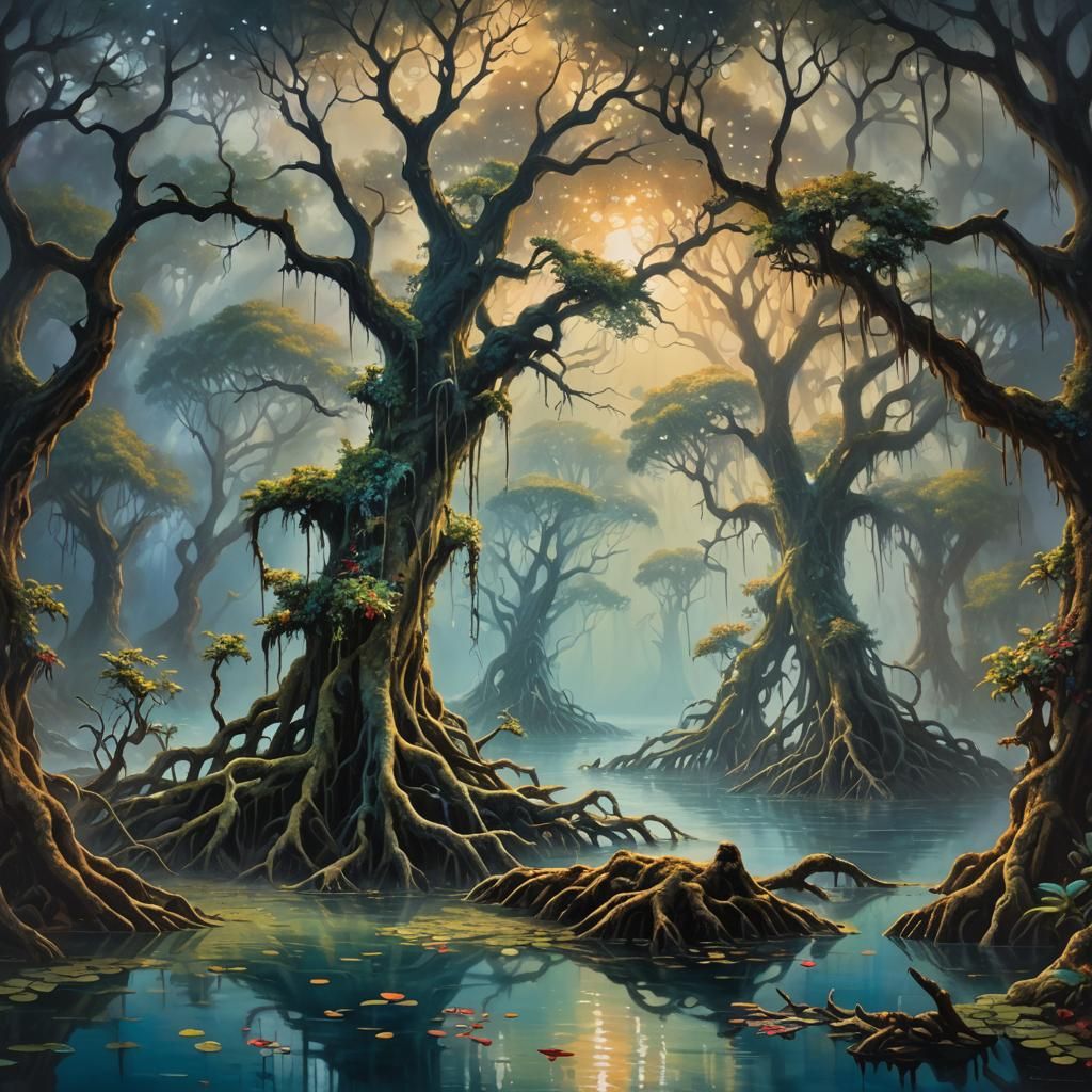 Surreal Mangrove Trees and Underwater Fantasy