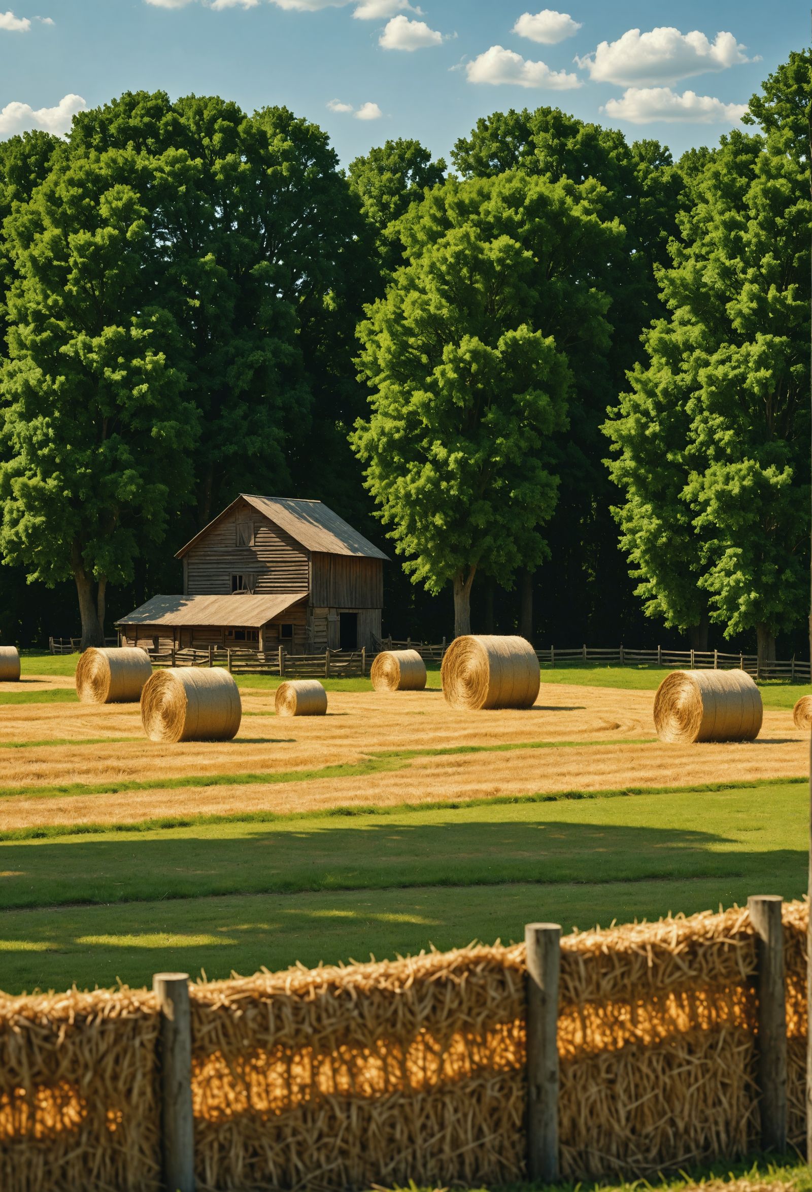 Hyperrealistic Farm Scene with Hay Bales and Trees