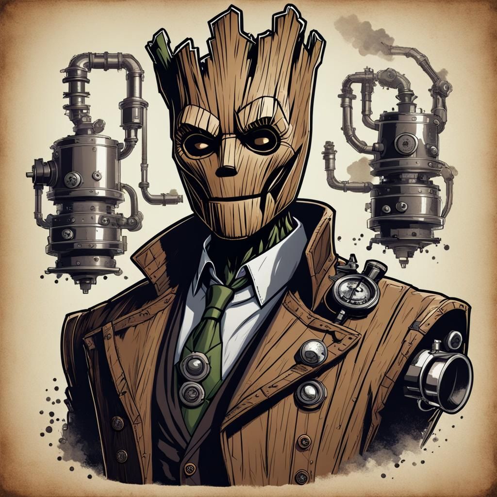 Groot as The Mask in Steampunk Horror Style
