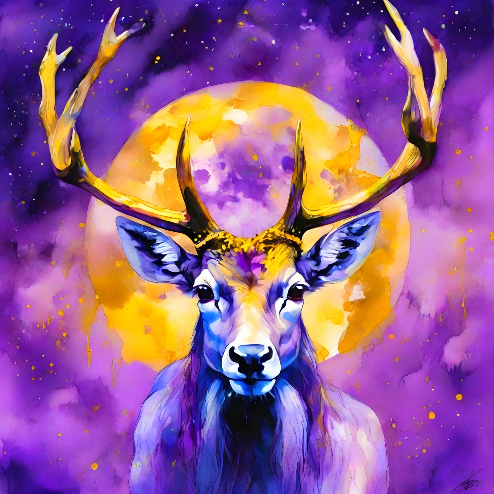 Deer with Golden Antlers under Purple Moon