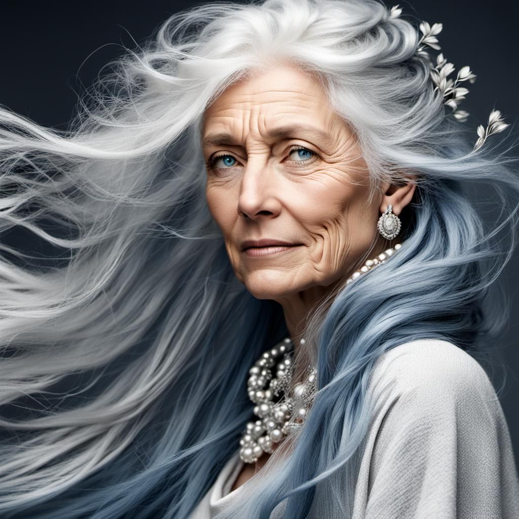 Elegant Woman with Flowing Hair and Silver Jewelry