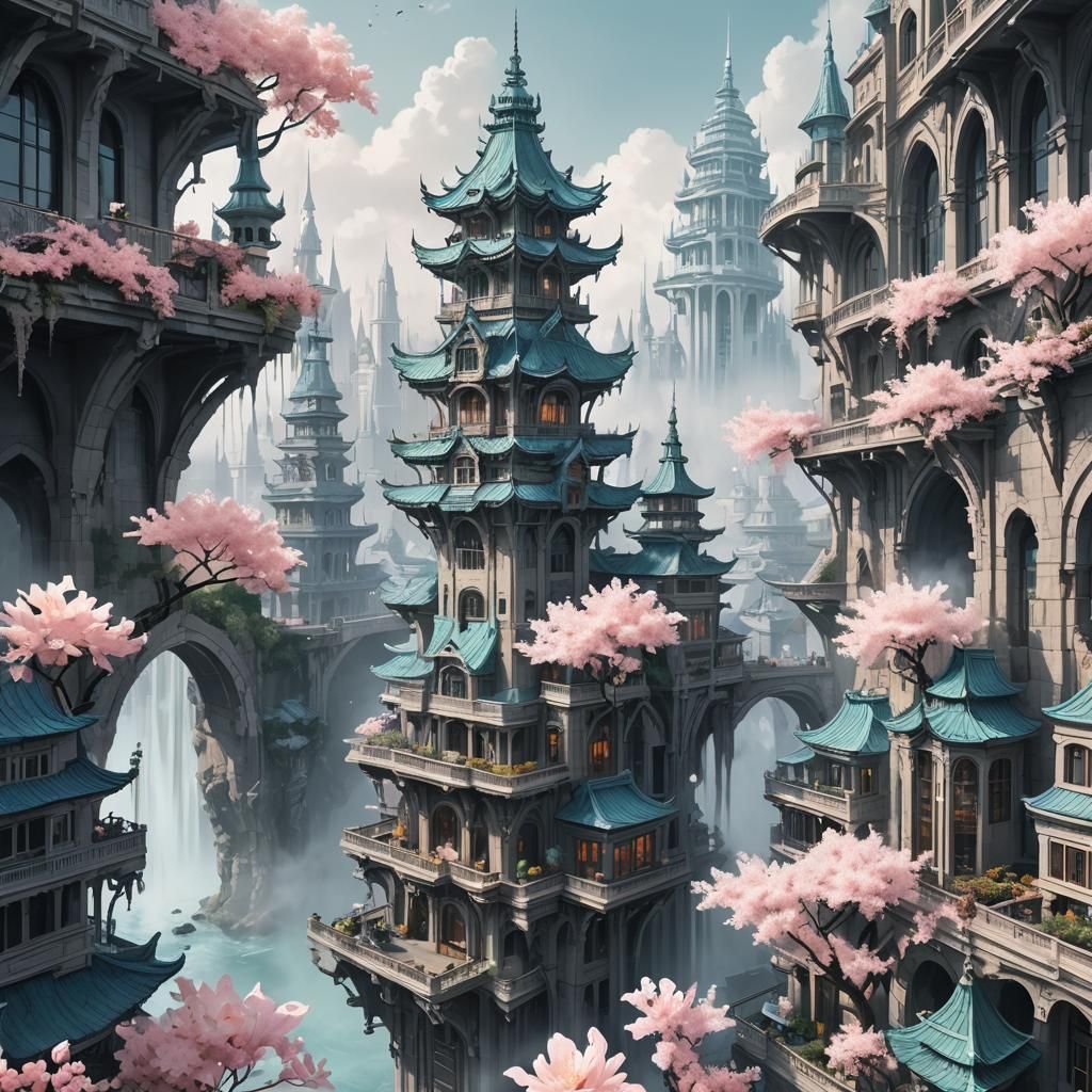 Tea Tower in Cyberpunk Rococo Cityscape