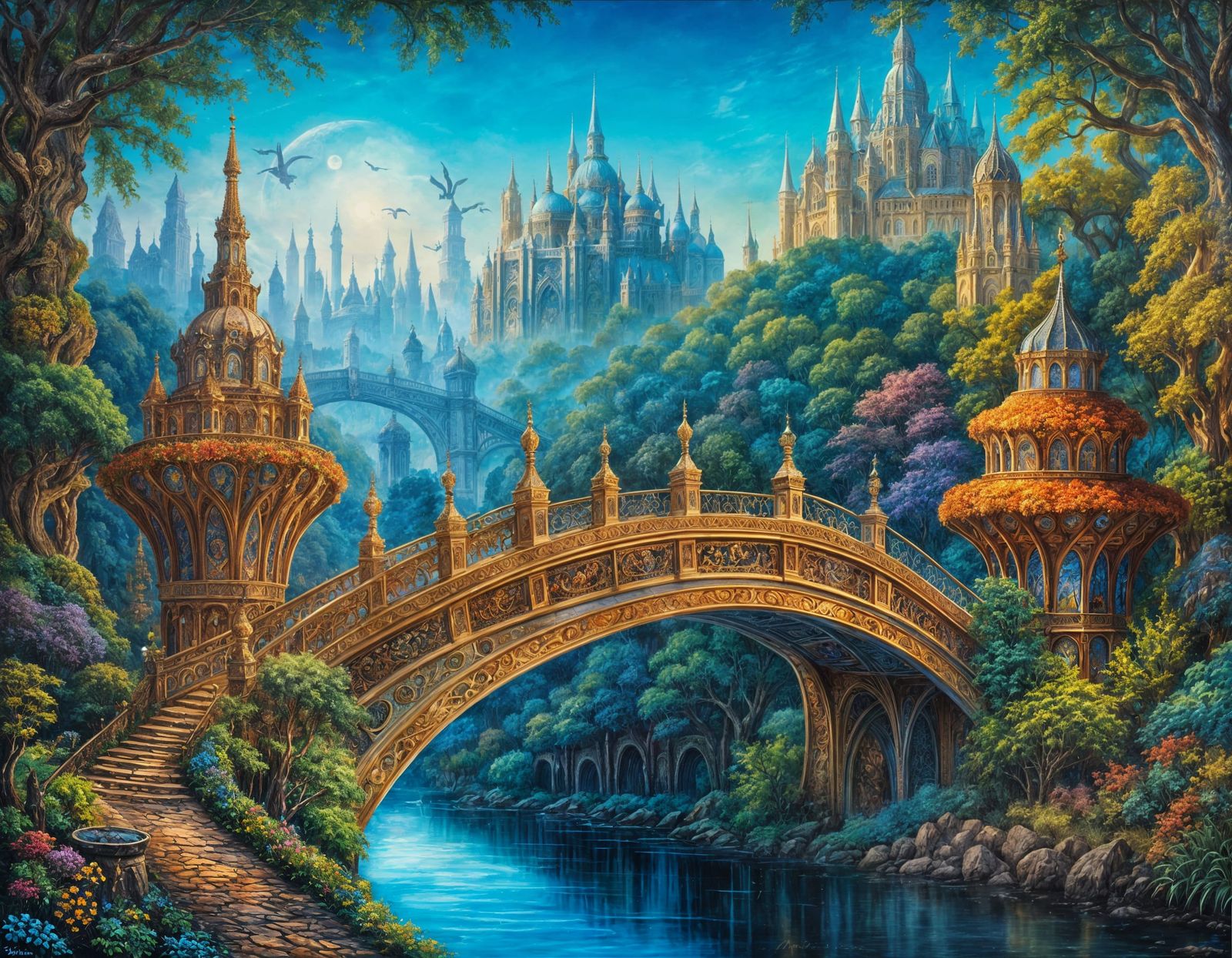 Ornate Bridge Between Fantasy Cities in 8k