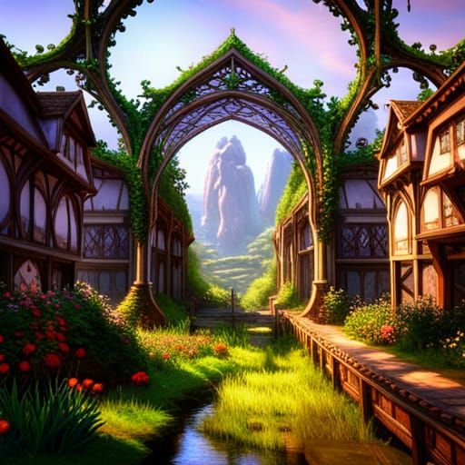 Elven Village: Curvilinear Bridge in Rococo Art Nouveau Styl...