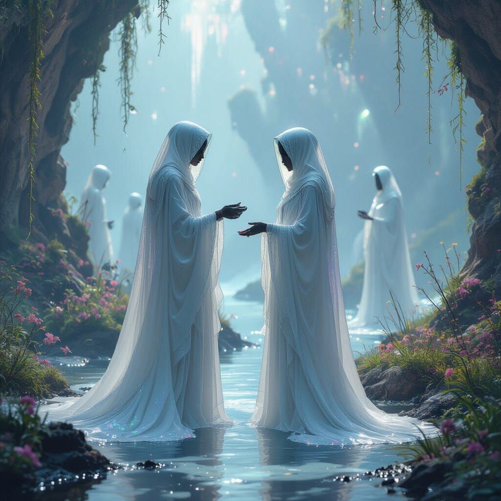 Ethereal Beings in a Dreamlike Sci-Fi Landscape