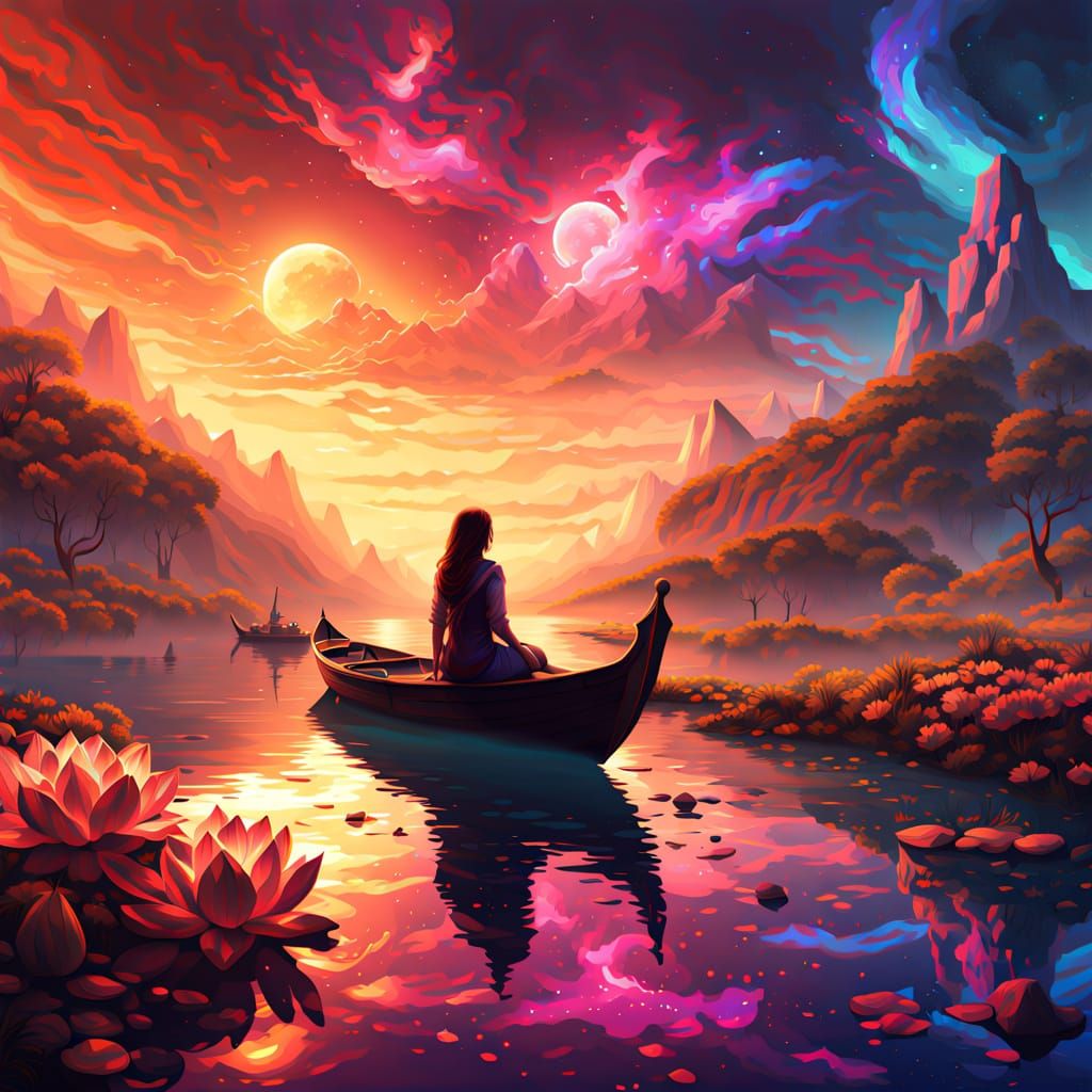 a galaxy above a lake, with a girl sitting on the water ...