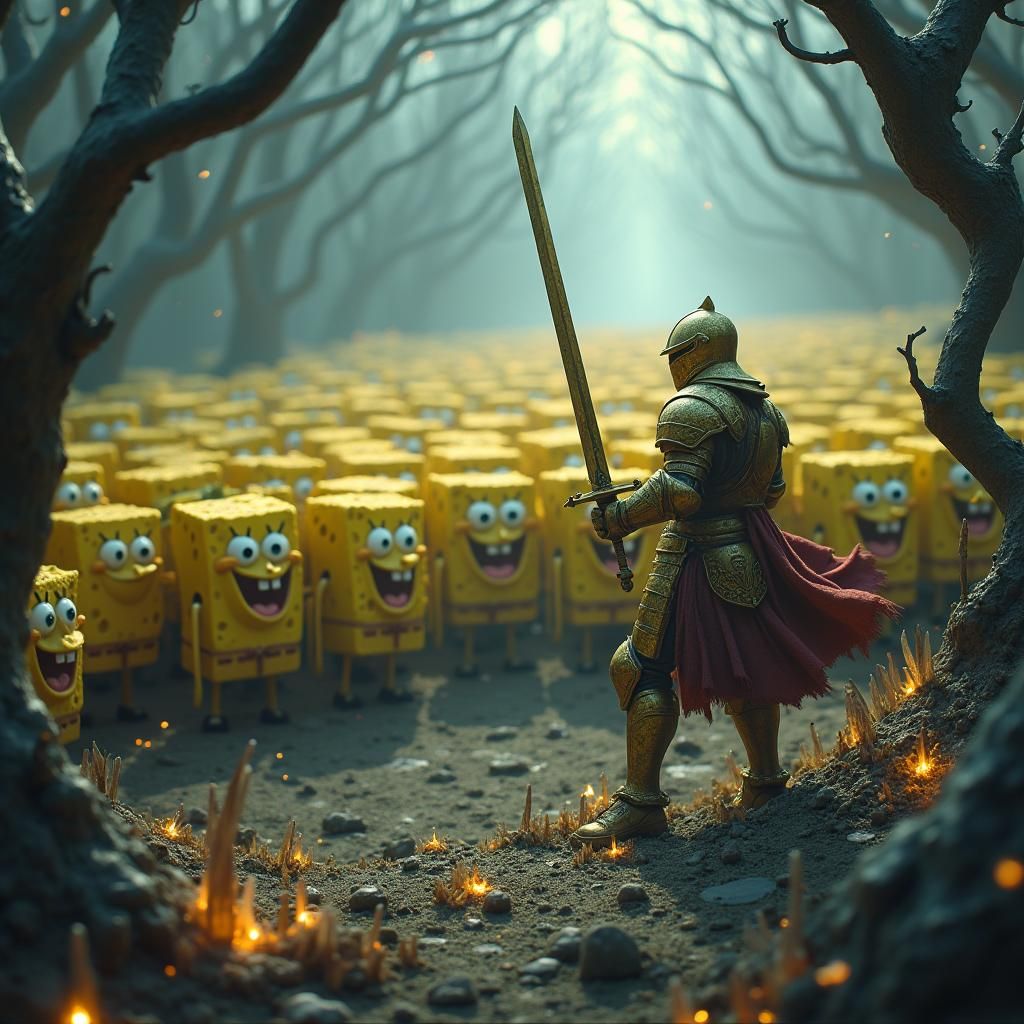 Knight Battles SpongeBob Army in Fantasy Landscape