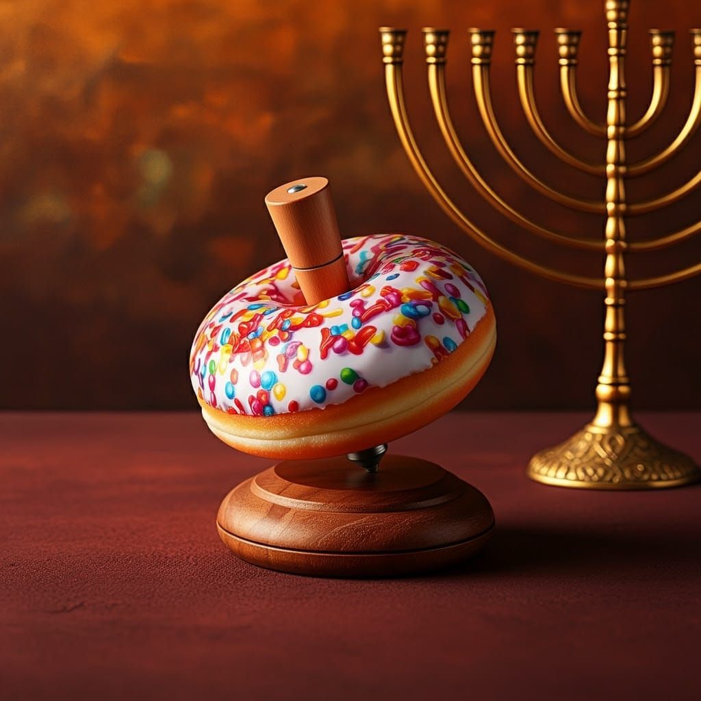 Vibrant Hanukkah Spinning Top in Whimsical Donut Art Style