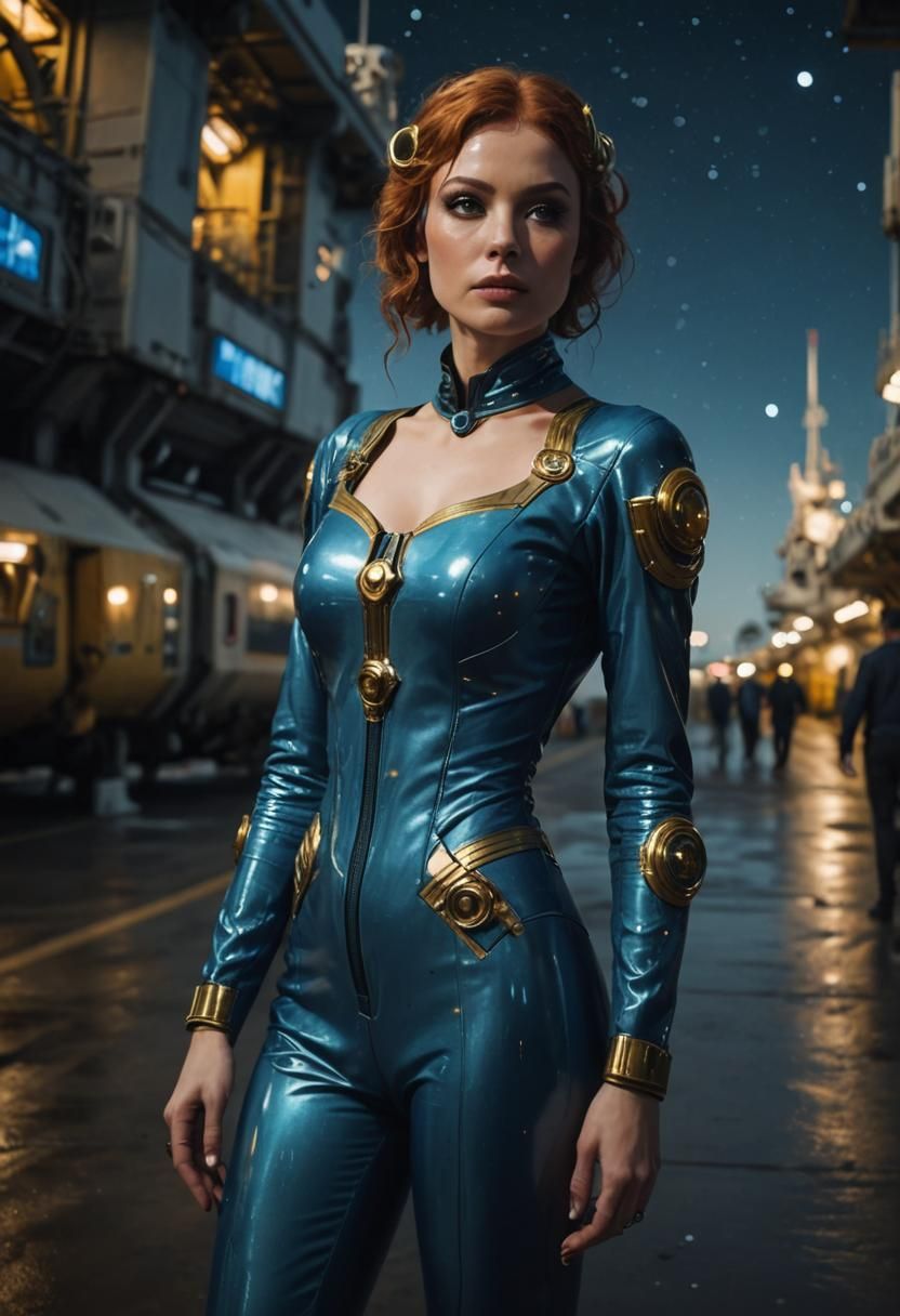 Futuristic Spaceport Scene with Woman in Latex Suit