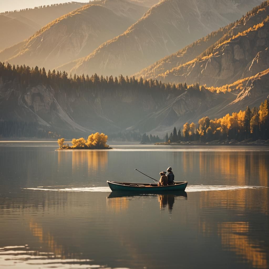 Lone Figure and Dog on Lake at Sunset