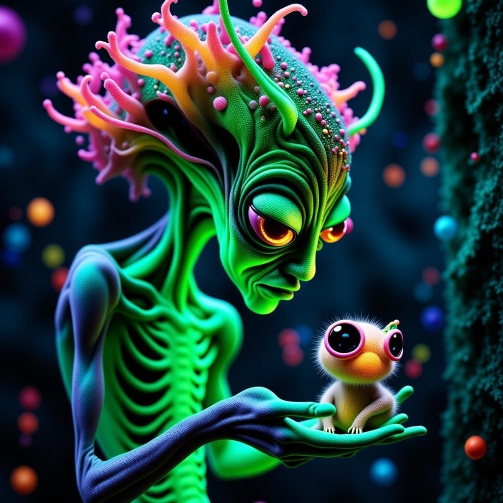 Stripped Alien Examines Furry Monster in Bioluminescent Jung...