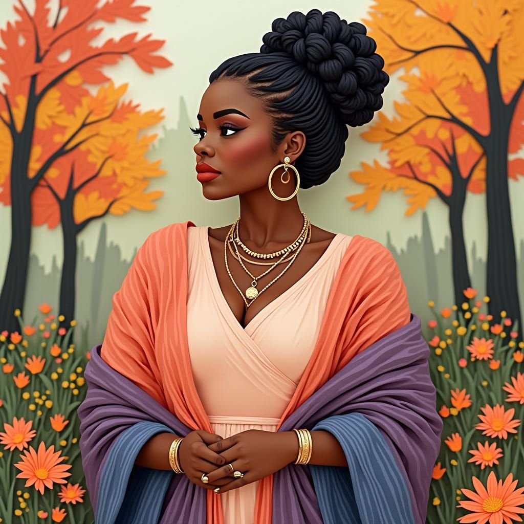 African-American Woman in Paper Cut Style with Braided Updo