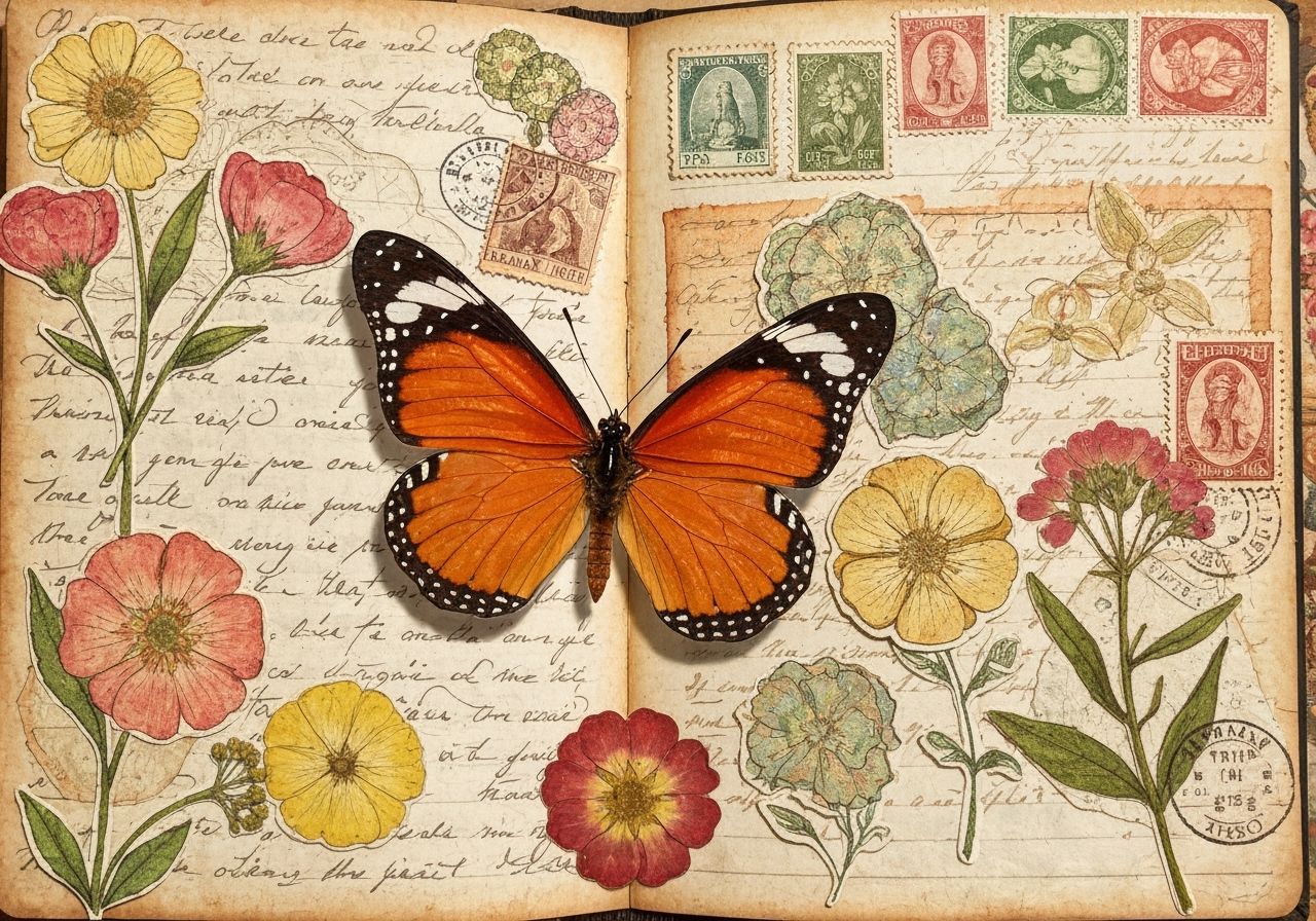 Whimsical Butterfly on Vintage Journal Page