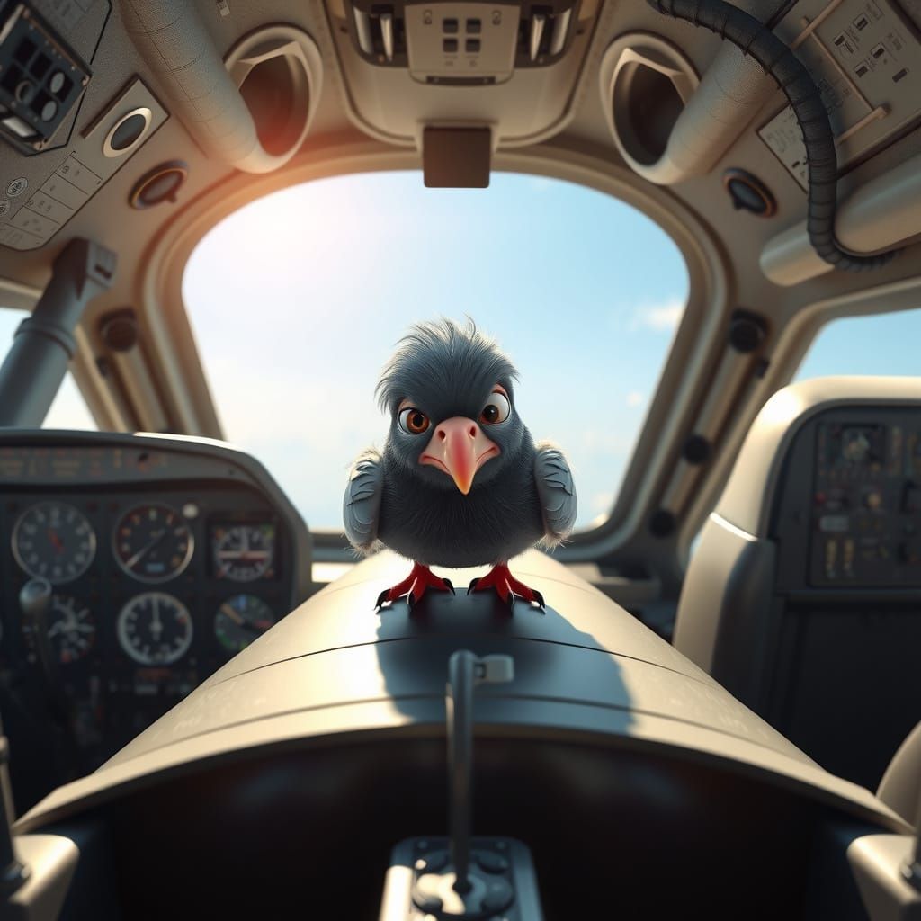 Realistic Airplane Cockpit with Comically Terrified Pigeon