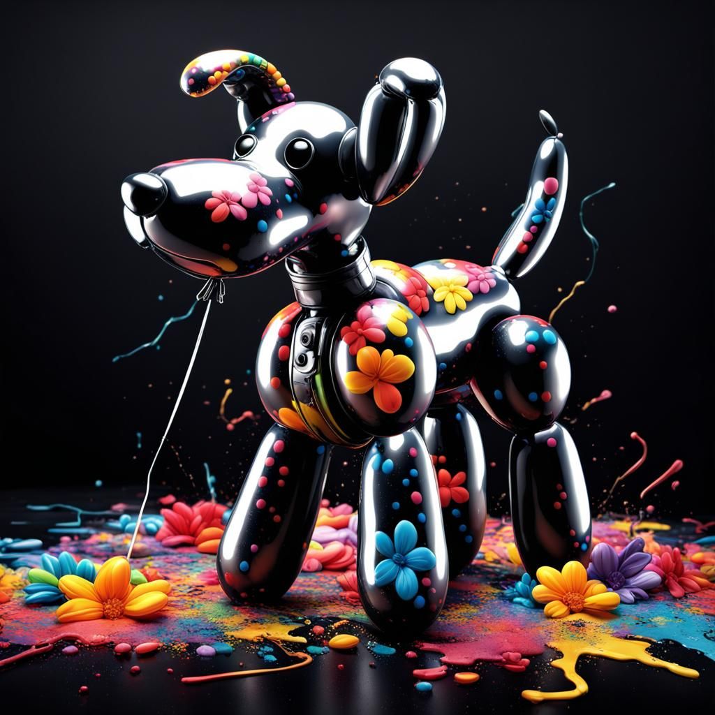 Hyperrealistic Balloon Dog with Flowers in Splash Art