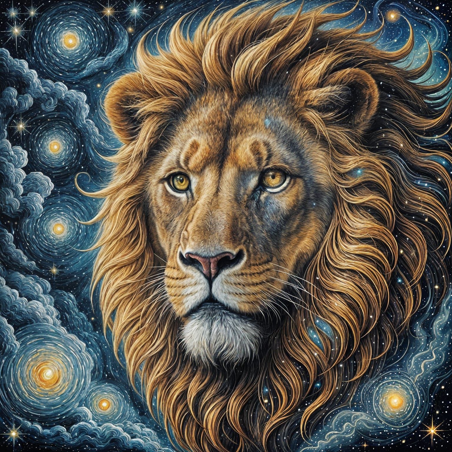 Cosmic Lion Prowls Nebula Sky in Surrealist Oil Painting
