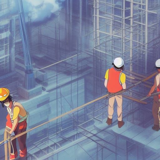 Construction Workers in Studio Ghibli Anime Style