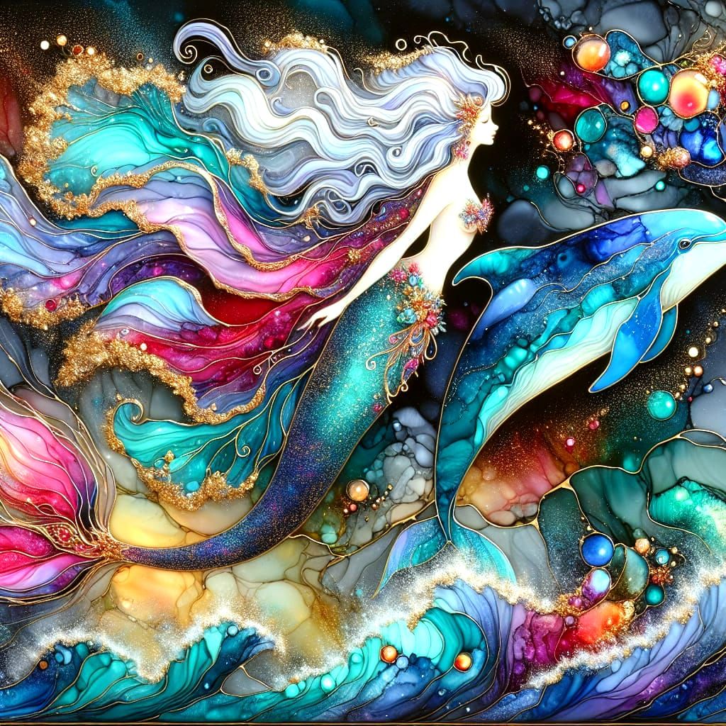 Surreal Mermaid and Dolphin in Vibrant Glasswork