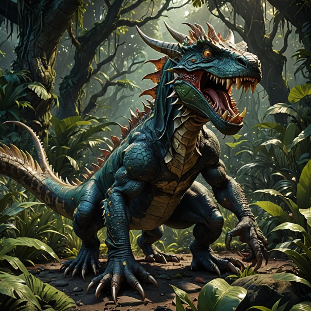 Lizard Monster with Ox Horns in Dark Fantasy Style