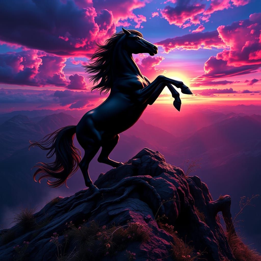 Majestic Mustang Rearing on Windswept Mountain Peak