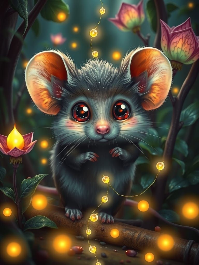 Enchanting Mouse Among Glowing Magical Plants in Fairytale F...