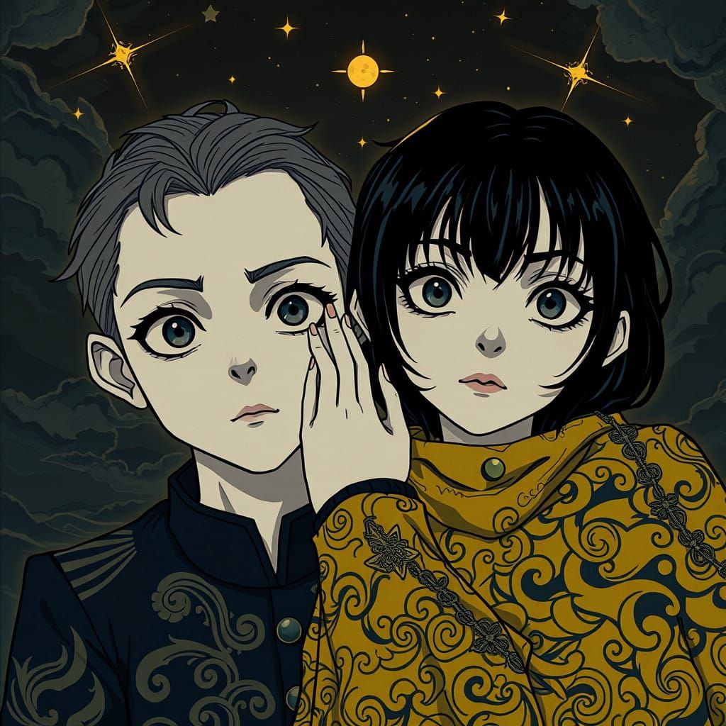 Ethereal Gothic Anime Portraits in a Haunting Night Sky