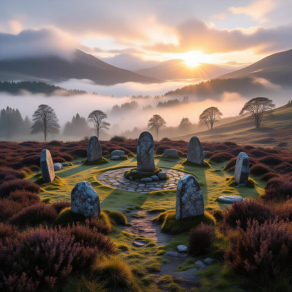 Misty Highland Stone Circle at Dawn in Celtic Style