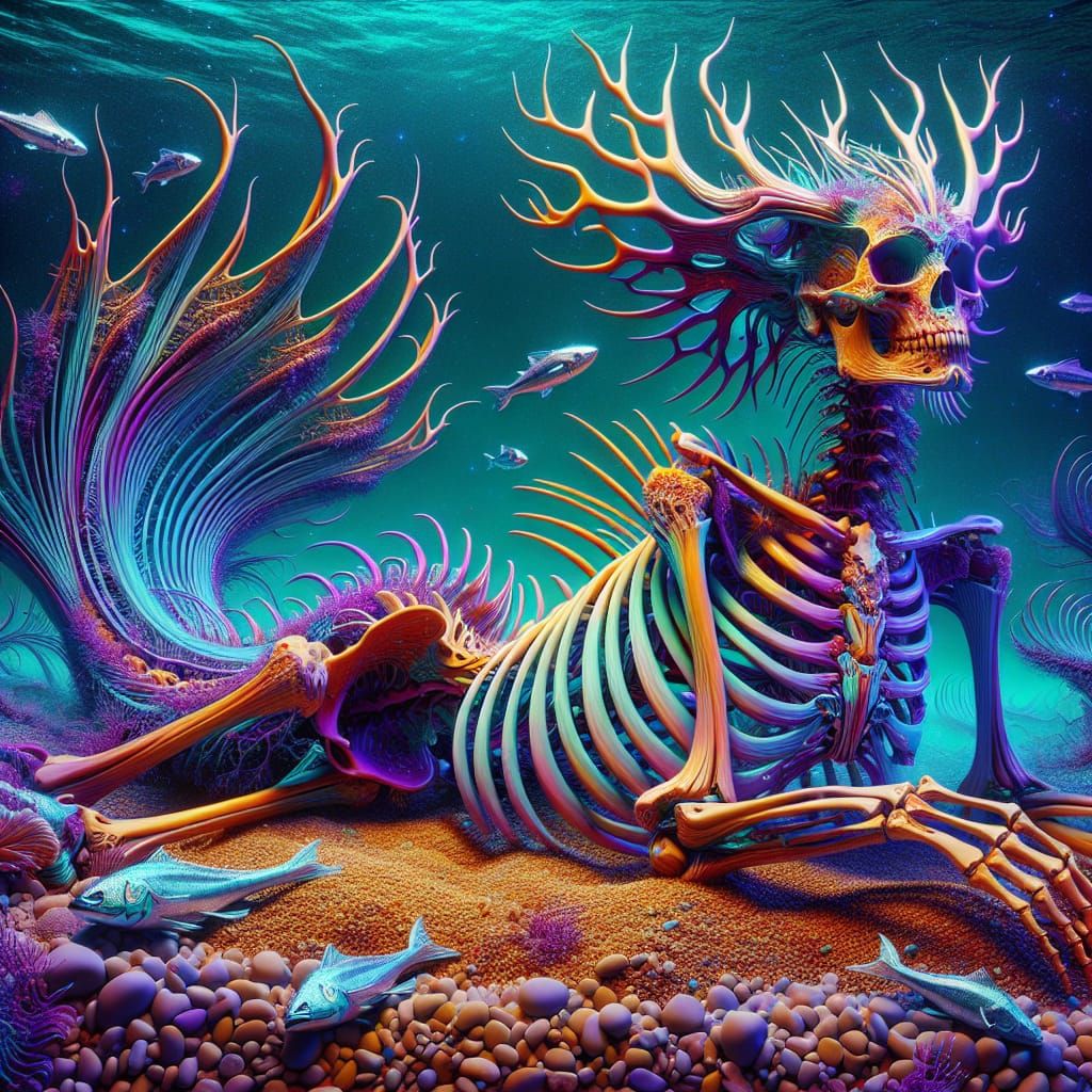 Vibrant Mermaid Skeleton on Ocean Reef