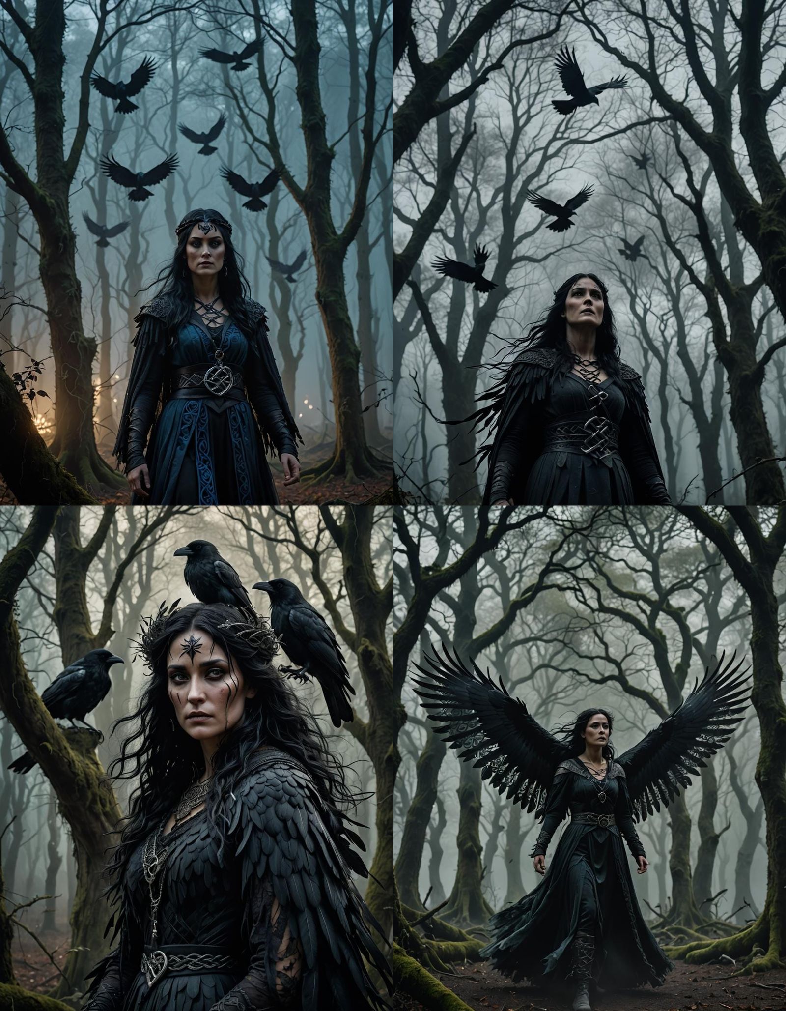A dark, brooding depiction of the Morrigan, the Celtic goddess of war, fate, and death. She stands in a misty, twilight ...