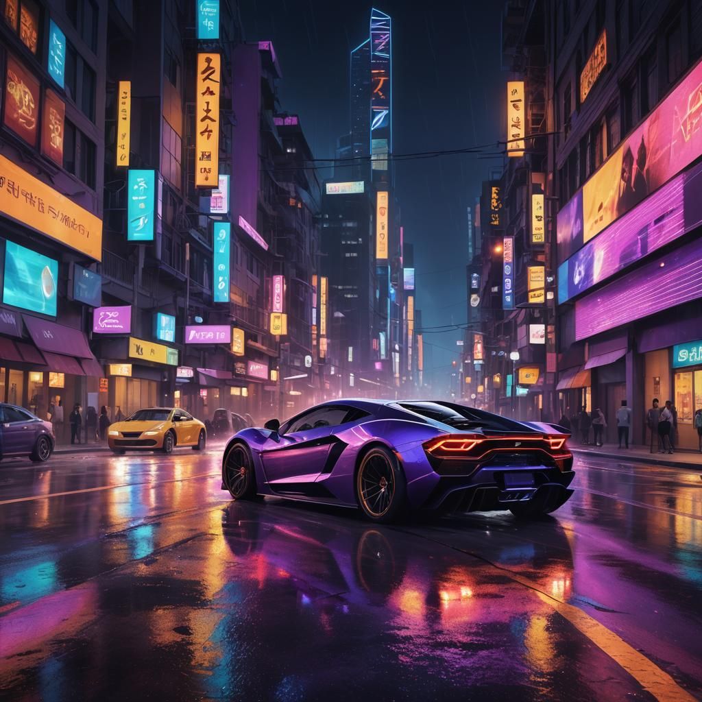 Supercar Speeding Through Neon City Street