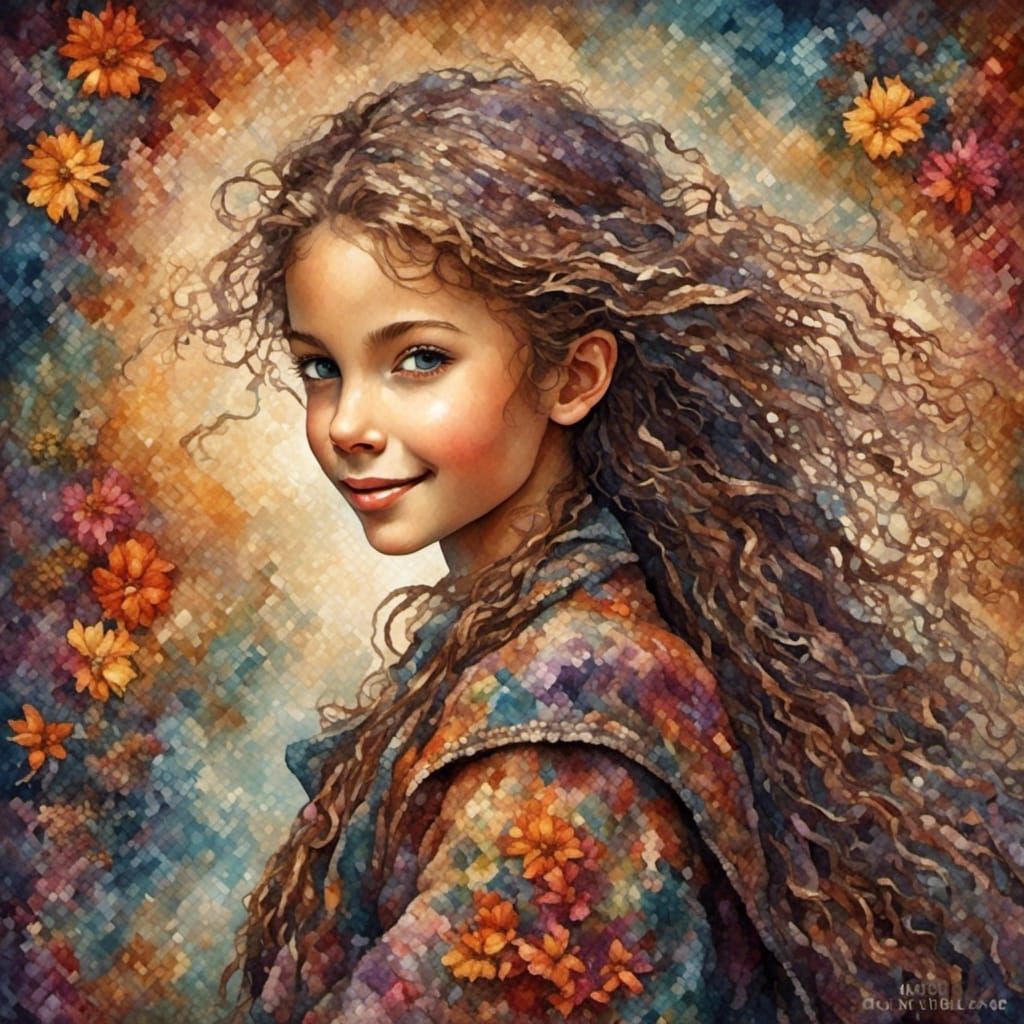 Smiling Girl Portrait in Tapestry Style