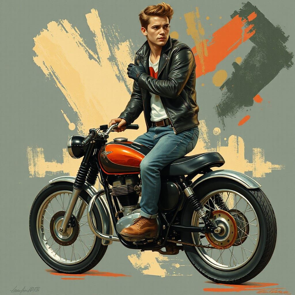 1950s Greaser Rides Motorcycle in Surrealist Style