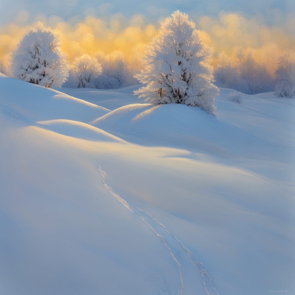 Naive Oil Painting of Snowy Winter Landscape in Sunlight