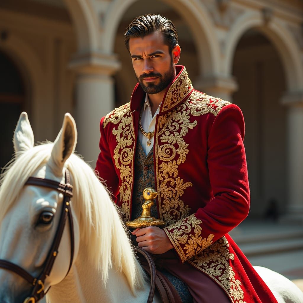 Regal King on White Horse in Palace Courtyard
