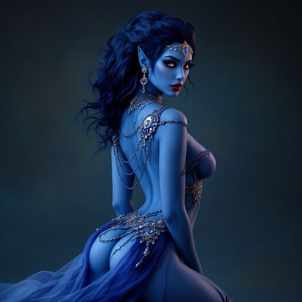 Seductive Fantasy Princess in Blue Skin and Jewels