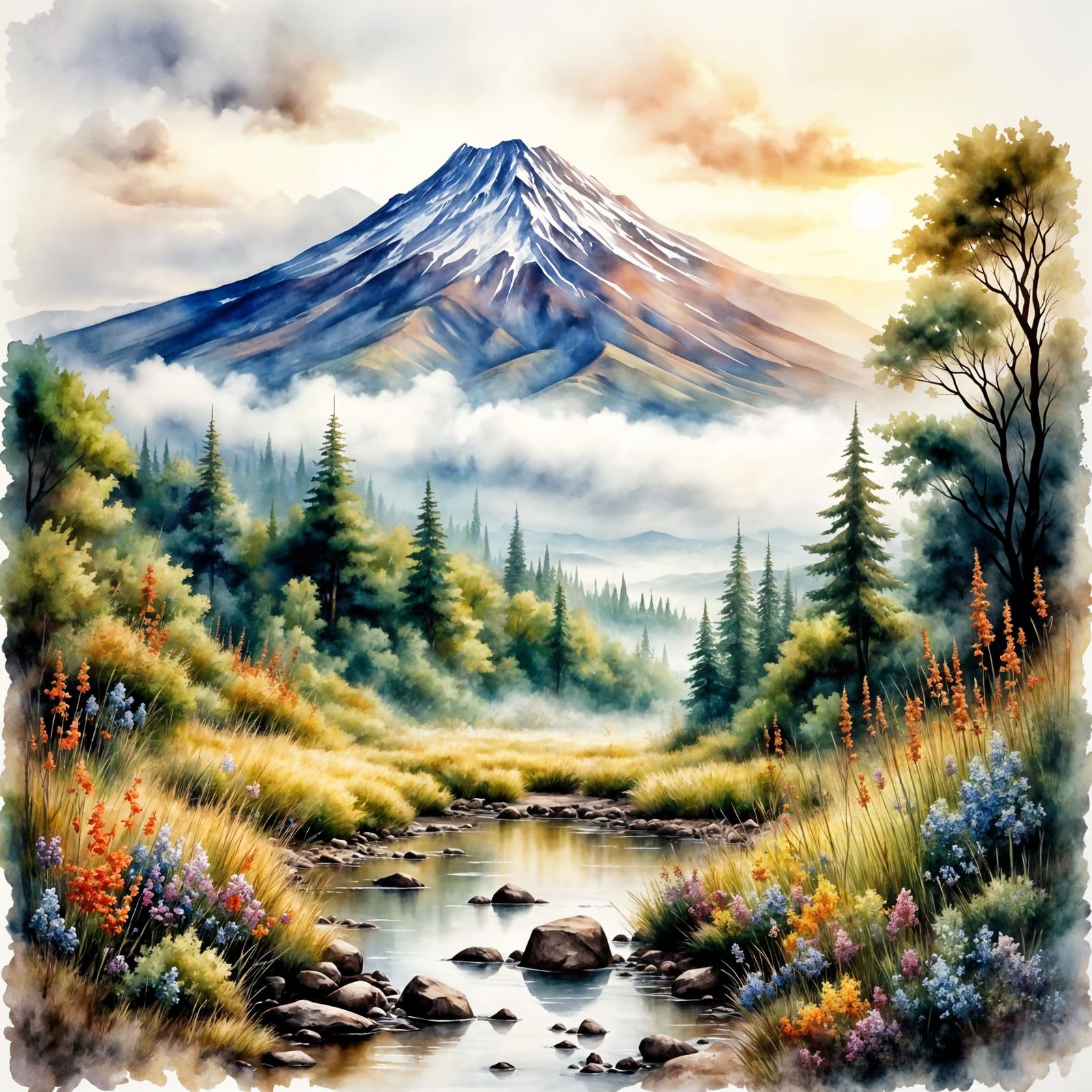 Mountain Majesty in Soft Watercolor
