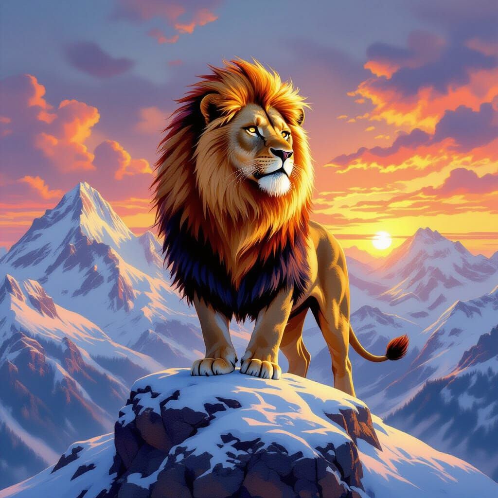 Lion with Fiery Mane on Mountain at Sunrise