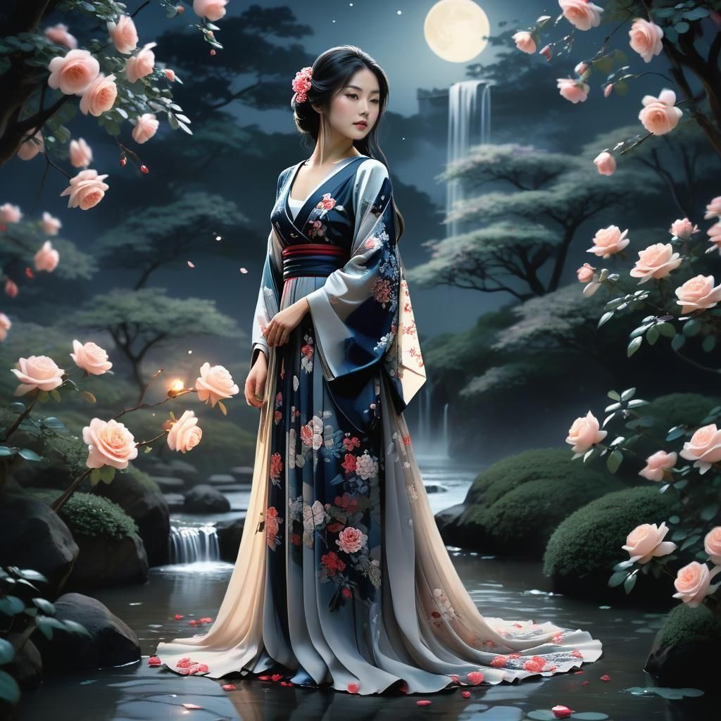 Stunning Japanese Woman in Roses at Night