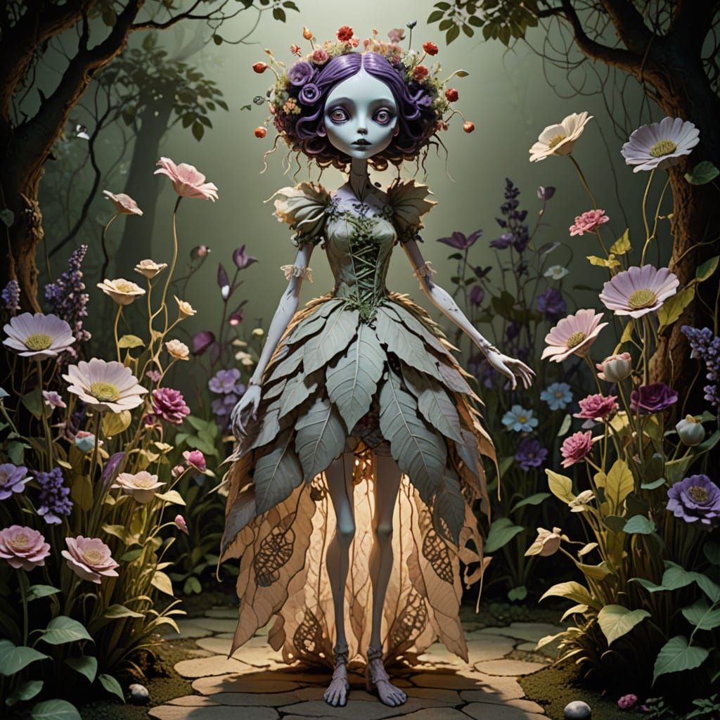 Plant-Human Hybrid with Porcelain Head in Surreal Garden