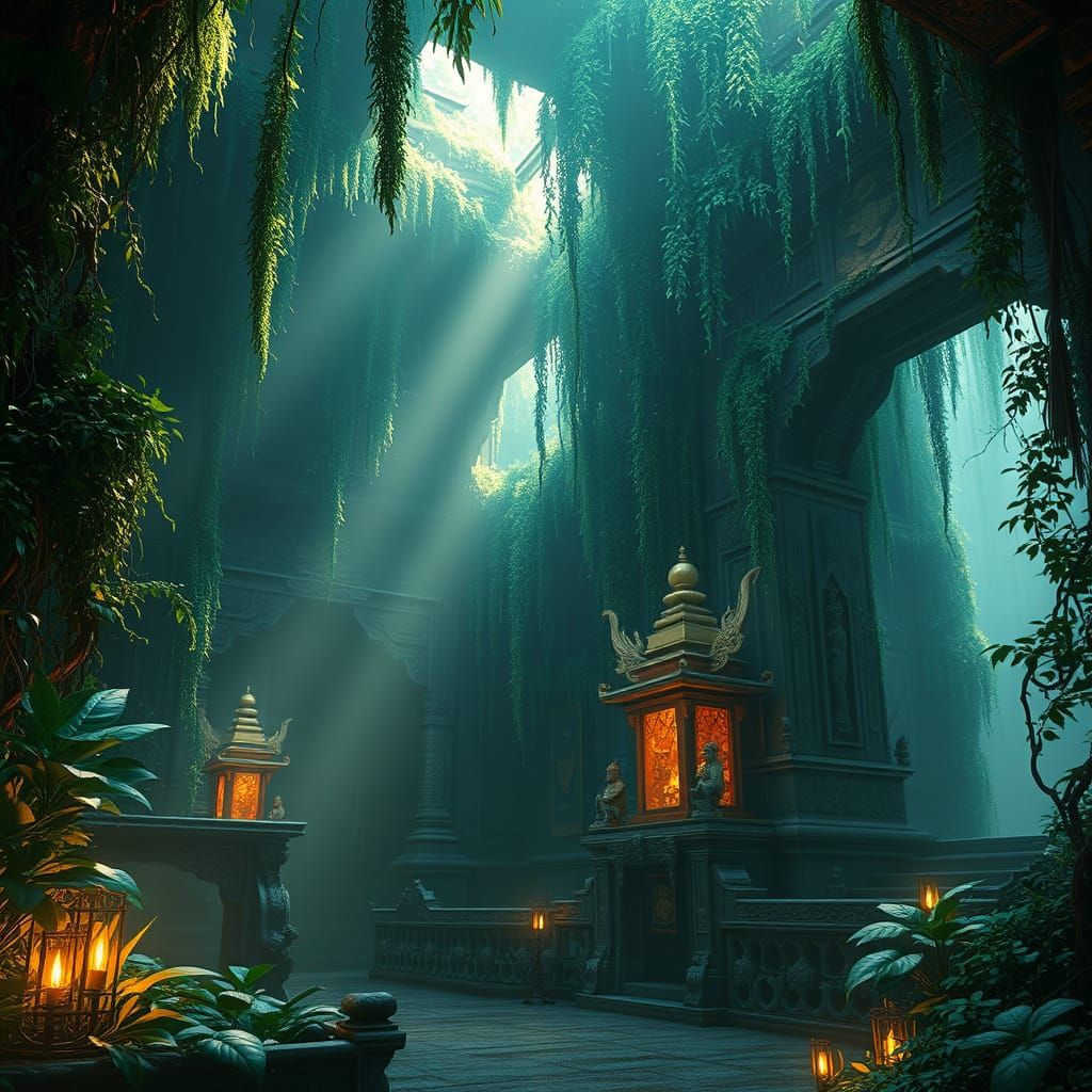 Ancient Asian Temple Reclaimed by Nature in Vibrant Colors