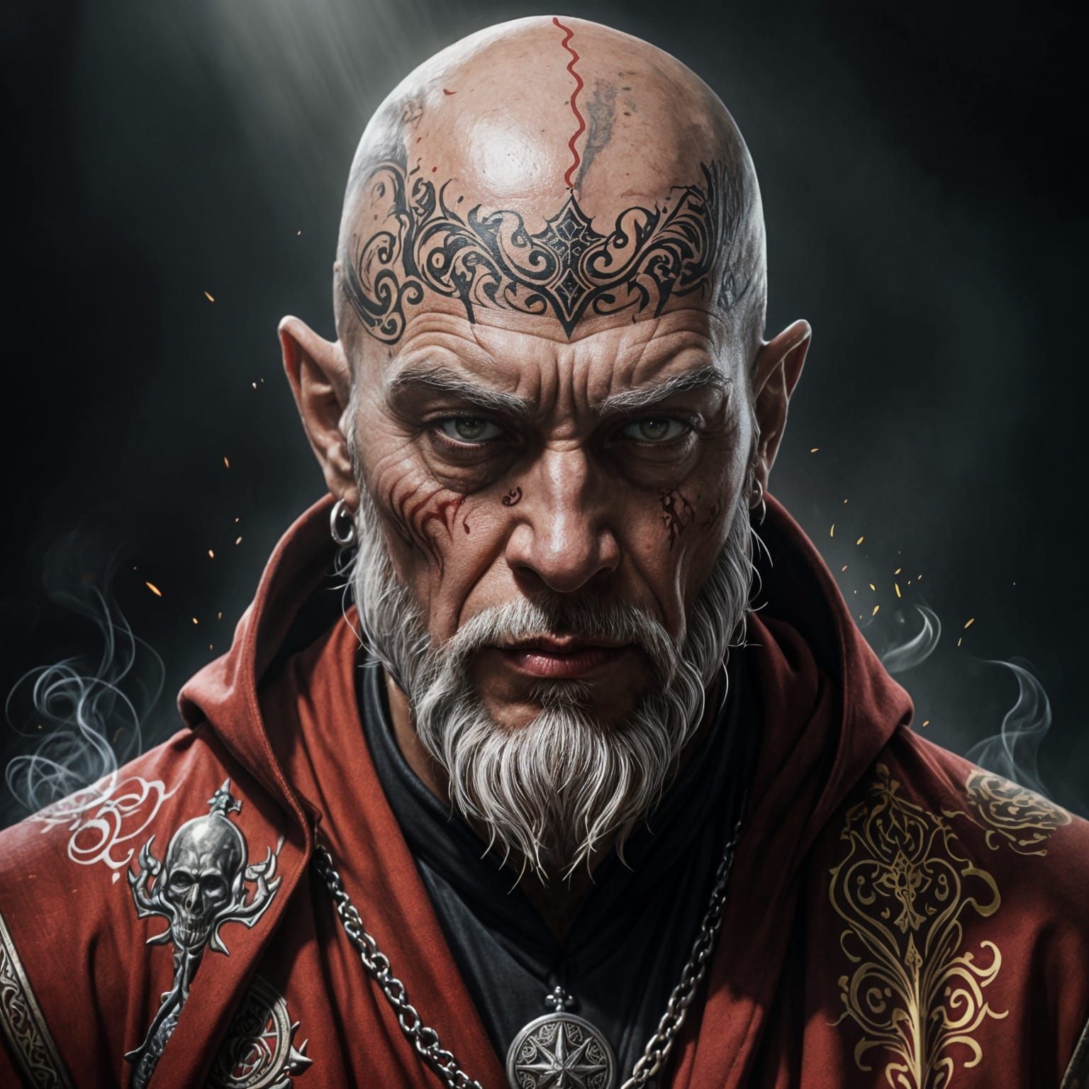 Fantasy Wizard in Red Robes with Intricate Head Tattoos
