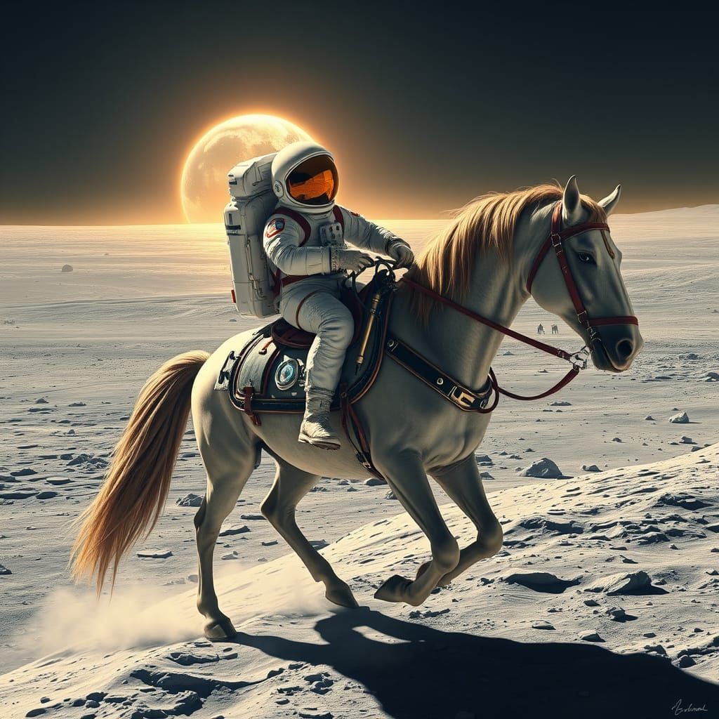 Astronaut Rides Horse Across the Lunar Landscape