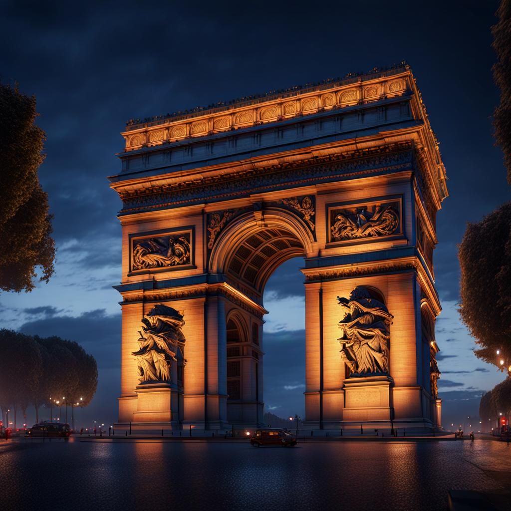 The Arc de Triomphe lit up at night