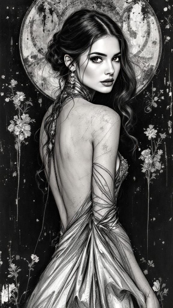 Elegant Woman in Silver Gown, Charcoal Art Nouveau Sketch