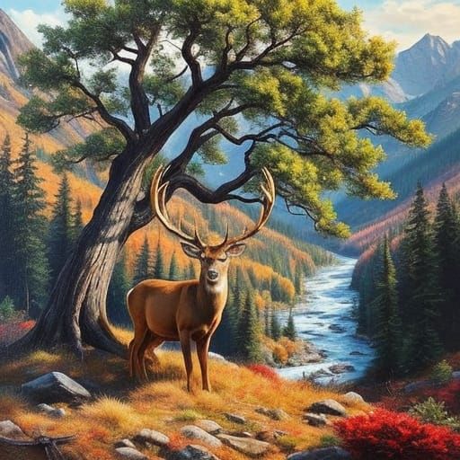 Hyperrealistic Deer in Forest Landscape as Fauvist Painting